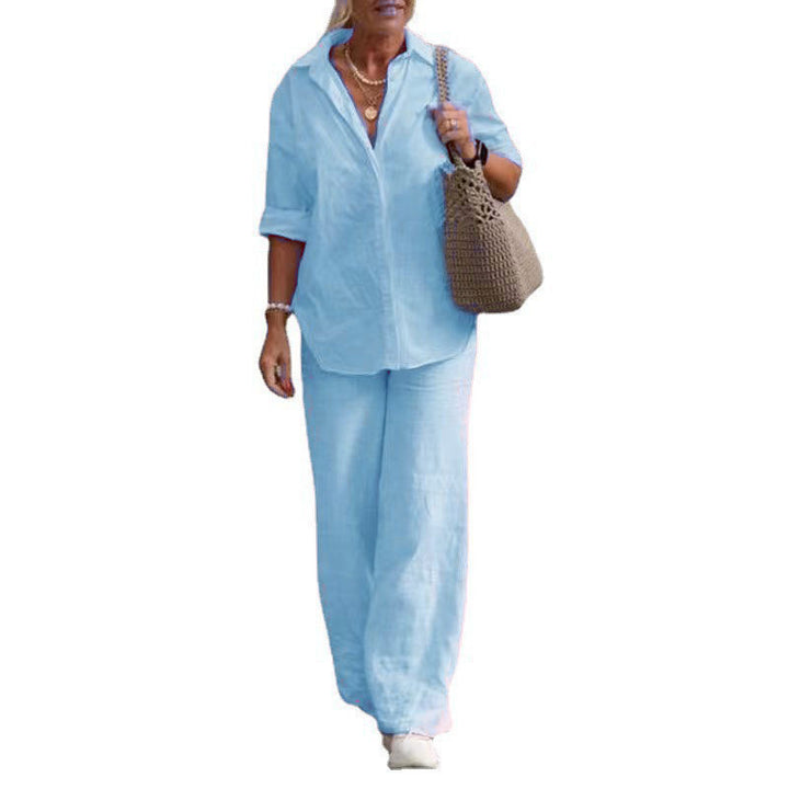 Damen Leichtes Leinen-Optik Zweiteiler mit Oversize-Hemd und weiter Palazzohose Drune