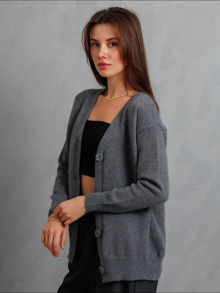 Damen Strickjacke mit Knöpfen und tiefem V-Ausschnitt Drune