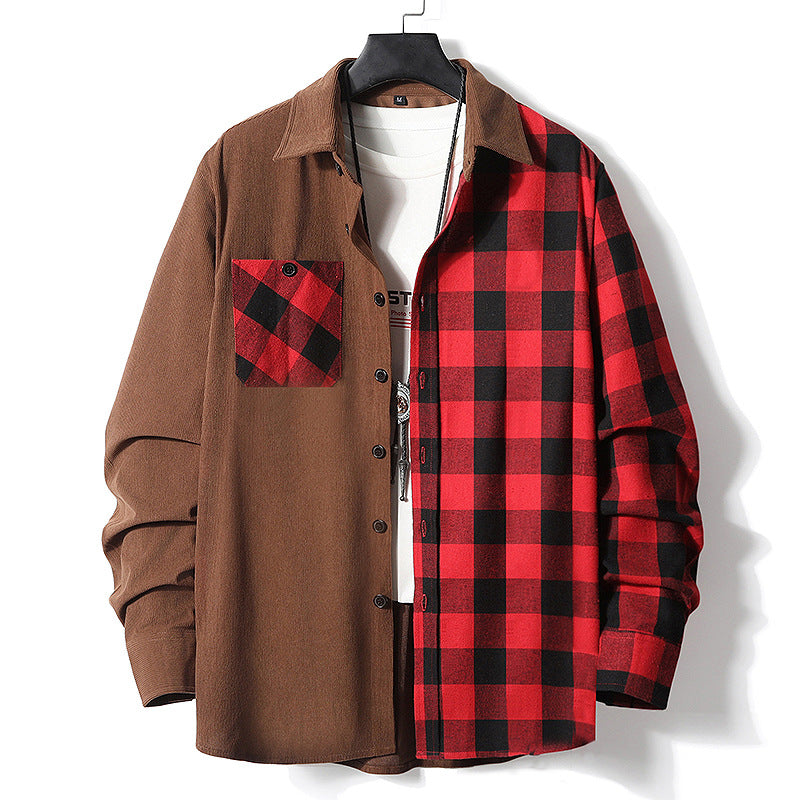 Herren Halbgespaltenes Overshirt im Lumberjack-Karo mit kontrastierender Uni‑Seite, Brusttasche und durchgehender Knopfleiste Drune