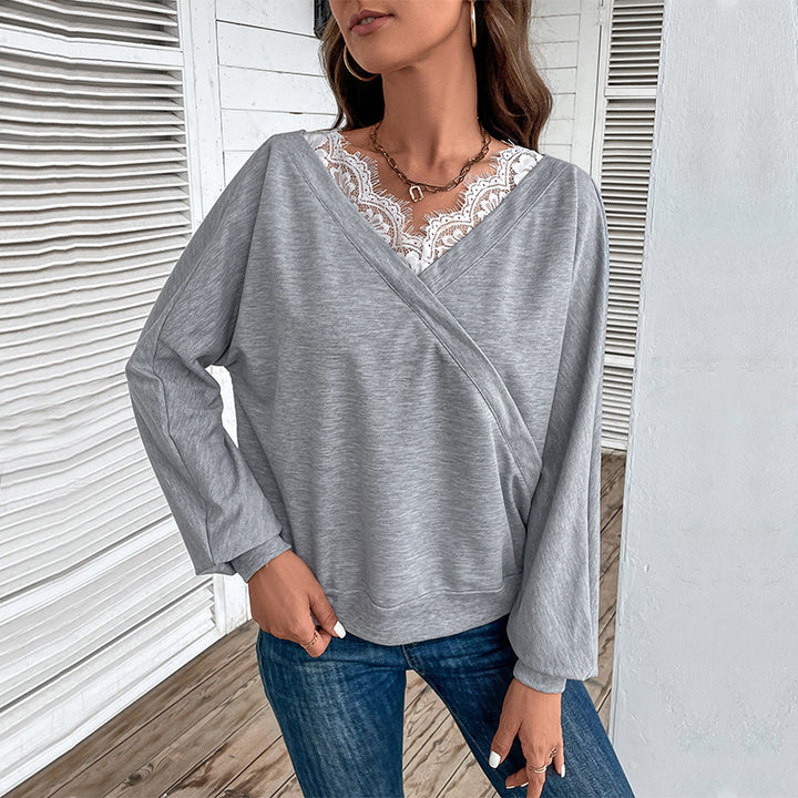 Damen Lässiges Oversize-Sweatshirt mit Wickeloptik und Spitzeneinsatz Drune