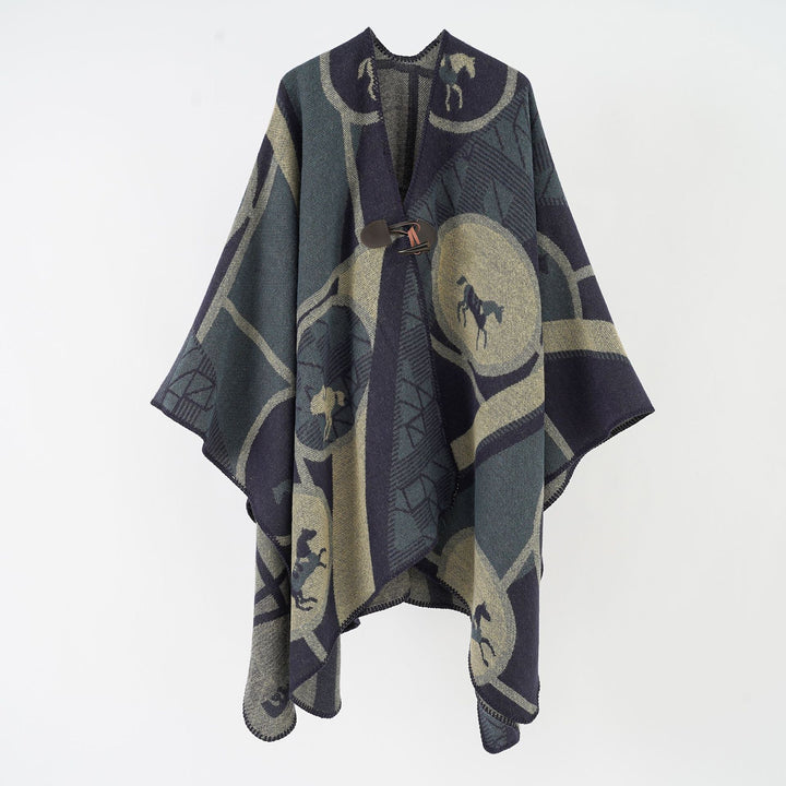 Damen Wollmix-Jacquard-Ruana mit Pferdemotiv, Knebelverschluss und offener Kimono-Silhouette Drune
