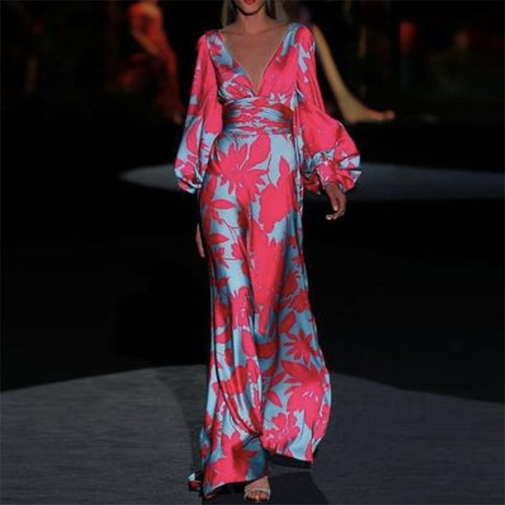 Damen Maxikleid mit tiefem V-Ausschnitt und voluminösen Ärmeln Drune