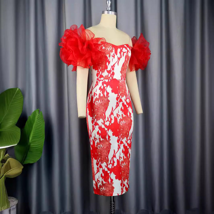 Damen Elegantes Kleid mit floralen Applikationen und transparenten Puffärmeln Drune