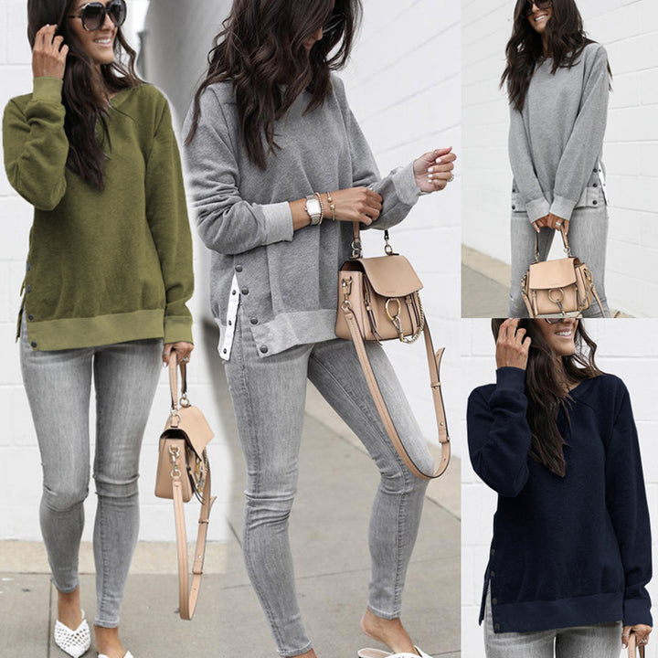 Damen lässiges Sweatshirt mit seitlichen Druckknopfdetails und modischem V-Ausschnitt Drune
