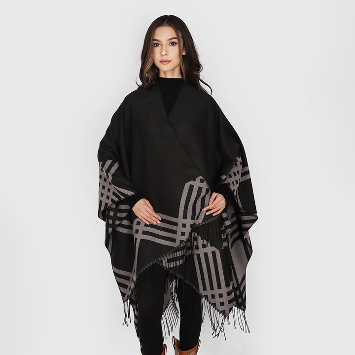Damen Oversize-Kimono-Poncho aus Wollmix mit grafischem Raster-Jacquard und Fransensaum Drune