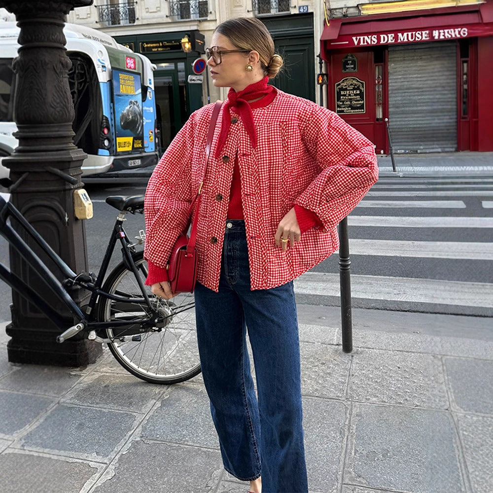 Damen Gepolsterte karierte Boxy-Steppjacke mit Knopfverschluss Drune