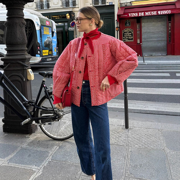 Damen Gepolsterte karierte Boxy-Steppjacke mit Knopfverschluss Drune