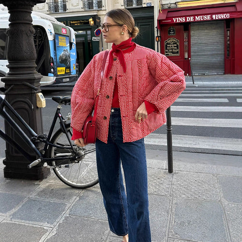 Damen Gepolsterte karierte Boxy-Steppjacke mit Knopfverschluss Drune
