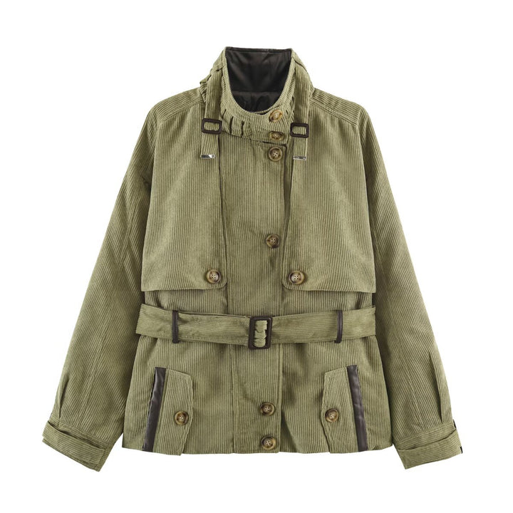 Damen Taillierte Cord‑Kurzjacke mit Bindegürtel, hohem Stehkragen und Pattentaschen Drune
