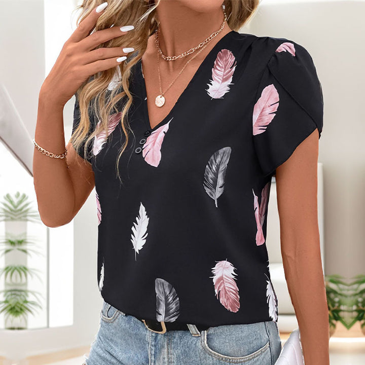 Damen Oberteil mit floralem Blattmuster und dekorativen Knopfdetails Drune