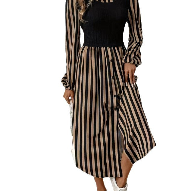 Damen Streifen Kleid mit tailliertem Oberteil und Knopfleiste Drune