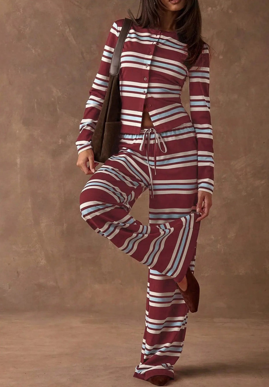 Damen Gestreiftes Strick-Lounge-Set mit tailliertem Knopfcardigan und weitem Palazzohose Drune