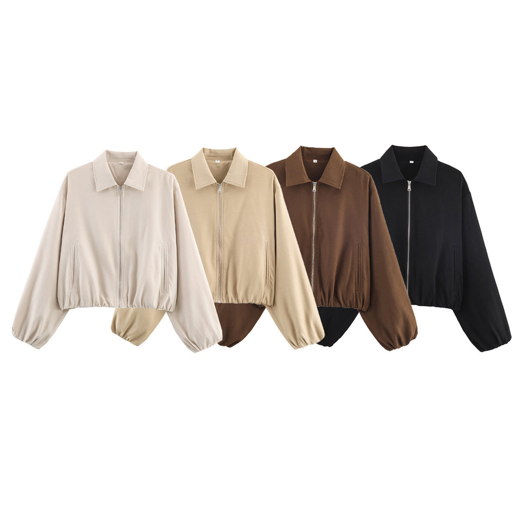 Damen nan cropped Blousonjacke mit Ballonärmeln elastischem Saum und Hemdkragen Drune