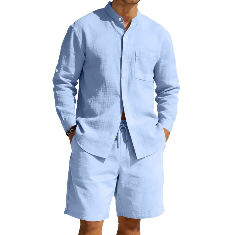 Herren nan sommerliches Leinen-Set mit Stehkragenhemd und Kordelzug-Kurzhose Drune