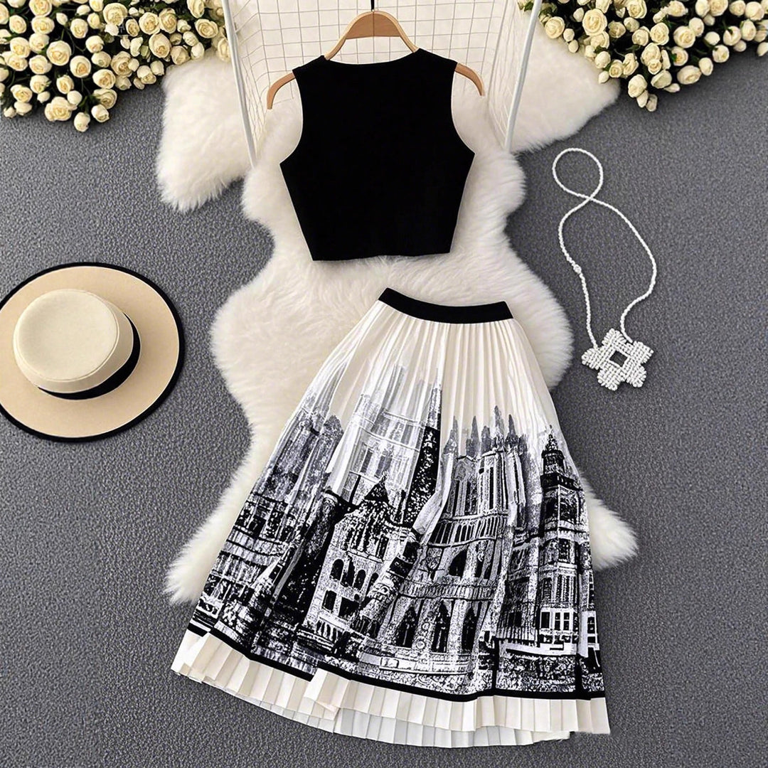 Damen-Set aus ärmellosem Crop-Top und weitschwingendem Maxirock im urbanen Design Drune