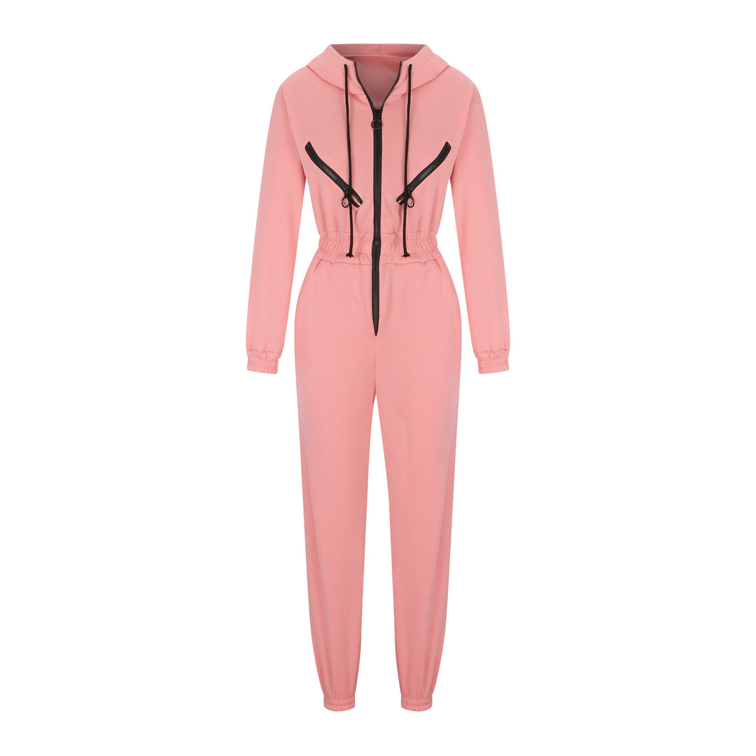Damen taillierter Kapuzen-Jumpsuit mit elastischem Bund und markanten Kontrast-Reißverschlüssen Drune