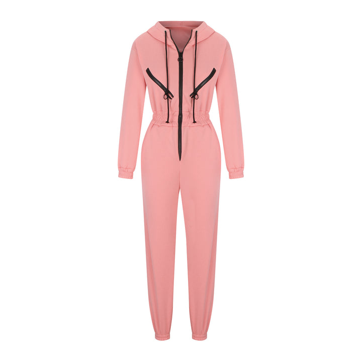 Damen taillierter Kapuzen-Jumpsuit mit elastischem Bund und markanten Kontrast-Reißverschlüssen Drune