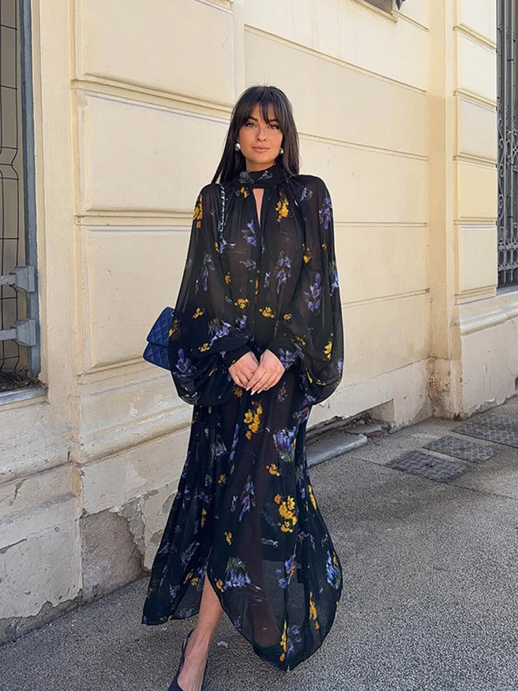 Damen Chiffon-Maxikleid mit Stehkragen, Keyhole-Ausschnitt & voluminösen Ballonärmeln Drune