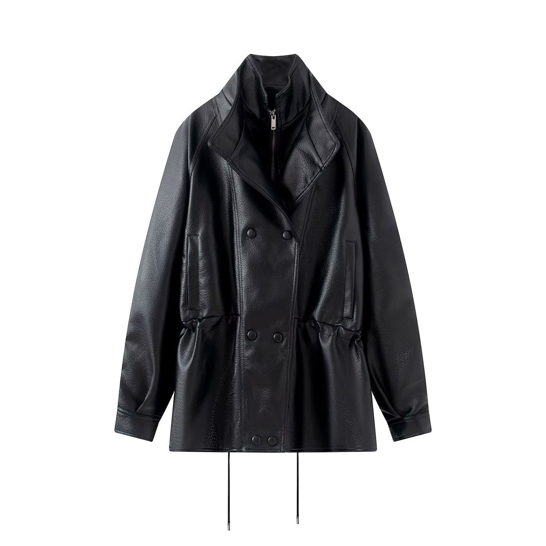 Damen Doppelreihige Kunstlederjacke mit Stehkragen, weitem Revers und Tunnelzug Drune