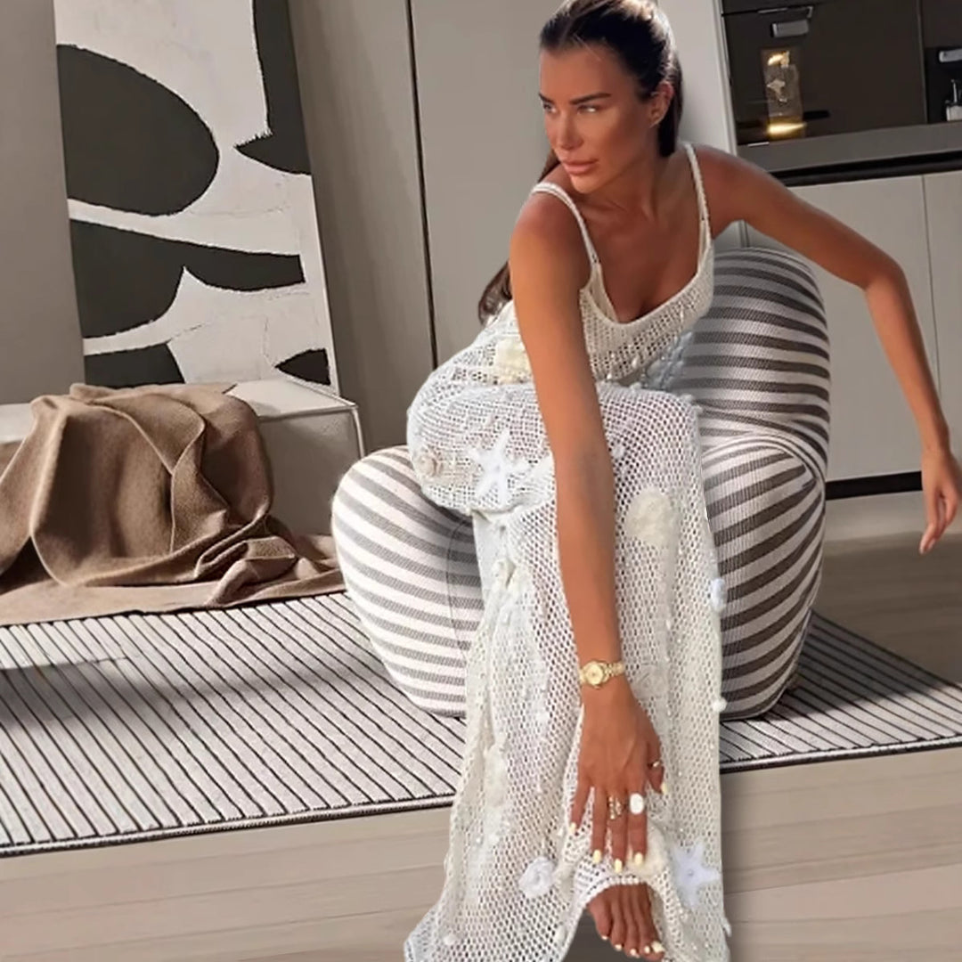 Damen Strickmaxikleid mit transparenten Details und floralem Design Drune