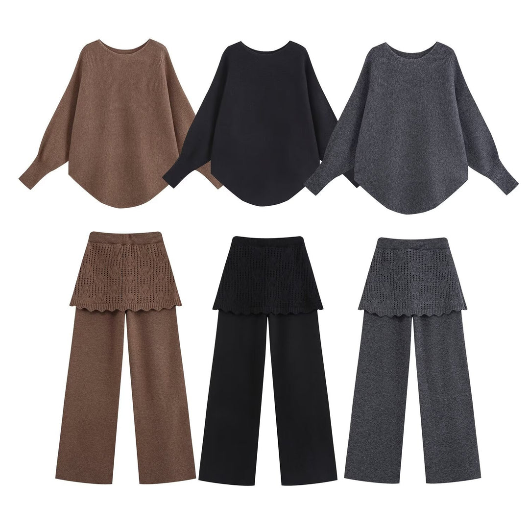 Damen Zweiteiliges Strick-Set mit Oversize-Pullover, Lochmuster-Miniüberrock und weiter Palazzohose Drune