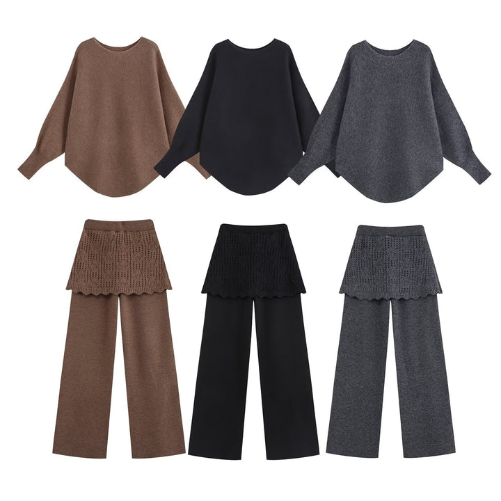 Damen Zweiteiliges Strick-Set mit Oversize-Pullover, Lochmuster-Miniüberrock und weiter Palazzohose Drune