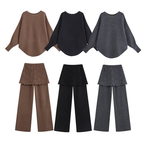 Damen Zweiteiliges Strick-Set mit Oversize-Pullover, Lochmuster-Miniüberrock und weiter Palazzohose Drune