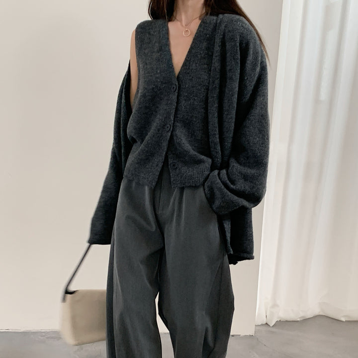 Damen Modische Strickjacke mit elegantem V-Ausschnitt und Knopfverschluss Drune