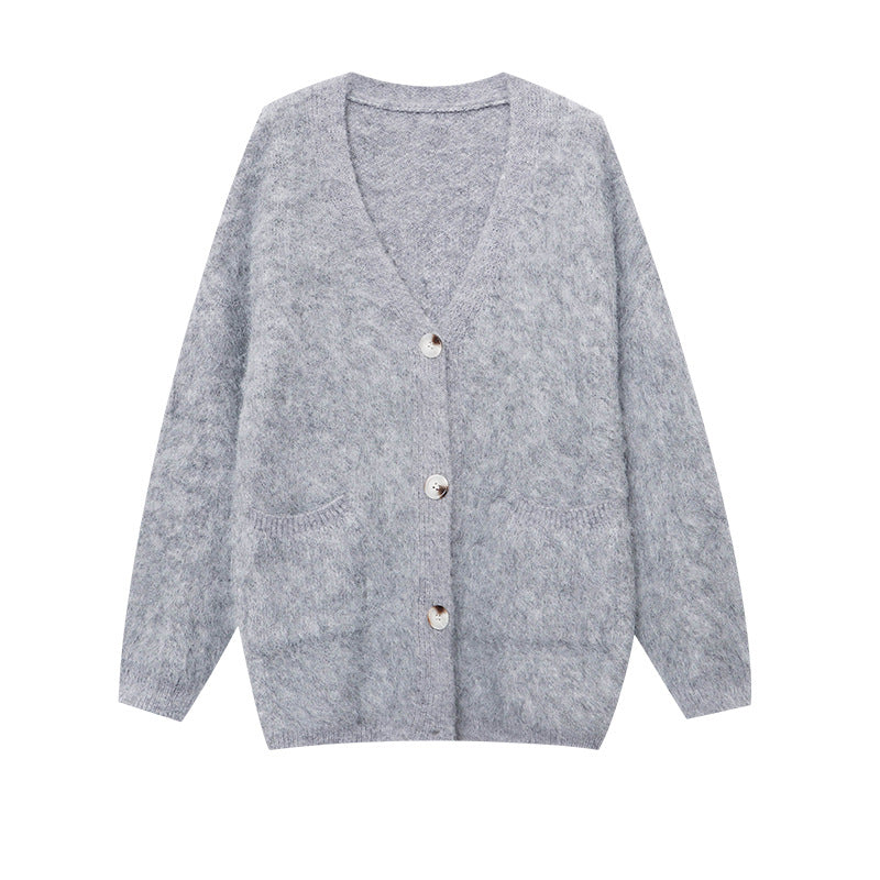 Damen kuschelige und lässige Strickjacke mit großen Knöpfen Drune
