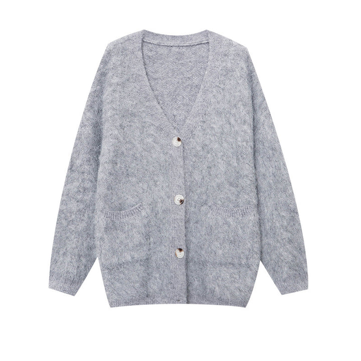 Damen kuschelige und lässige Strickjacke mit großen Knöpfen Drune