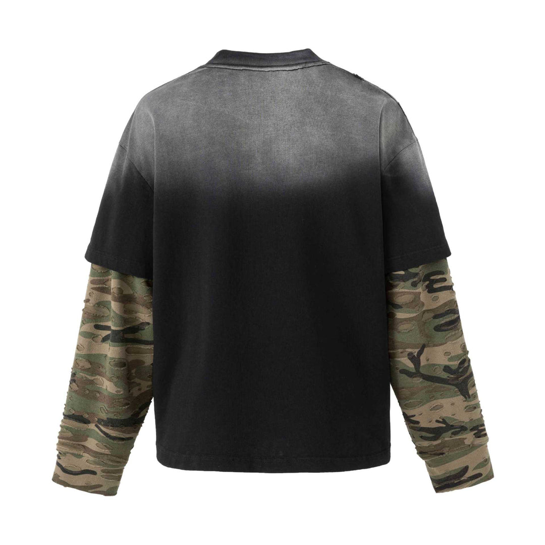 Herren weit geschnittenes Lagenlook T-Shirt mit Used-Effekt und Camouflage-Ärmeln Drune