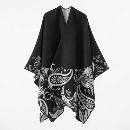 Damen Wollmix-Wendecape mit Paisley-Jacquard und offenem V-Ausschnitt Drune