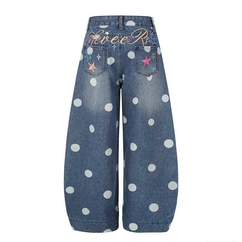 Damen Weite Jeans-Culotte im Palazzo-Stil mit hohem Bund und Punktmuster Drune