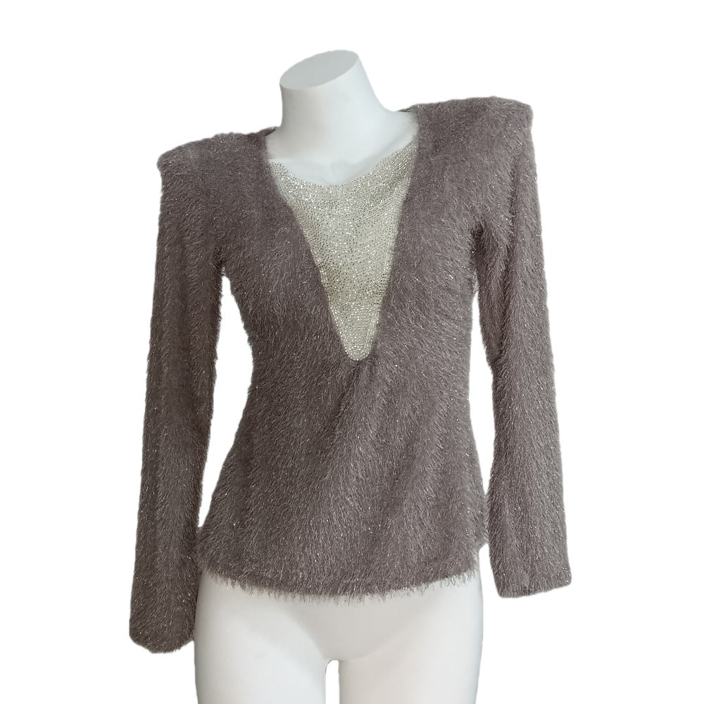 Damen Flauschiges Langarmshirt mit tiefem V‑Ausschnitt und Glitzer-Insert Drune