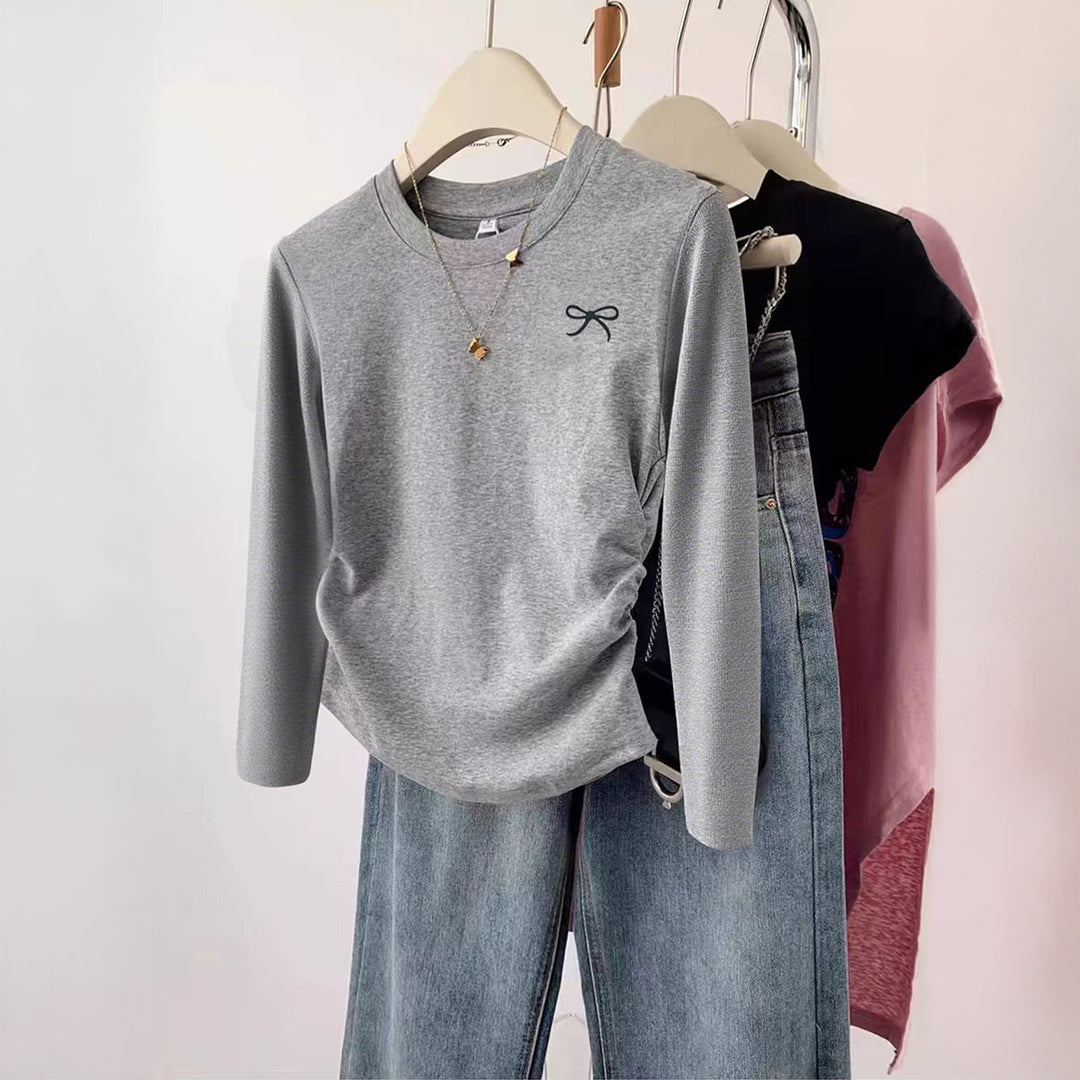 Damen nan gerüschtes Langarmshirt mit dezenter Schleifen-Stickerei und taillierter Drapierung Drune