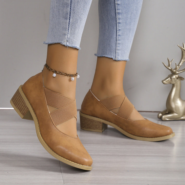 Damen Slipper-Pumps mit kreuzenden Elastikriemen und Blockabsatz Drune