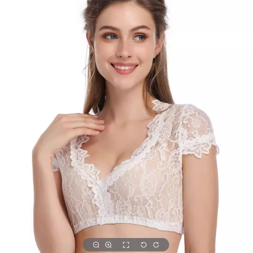 Damen  kurze transparente Spitzenbluse mit V-Ausschnitt und zierlichen Ärmelabschlüssen Drune