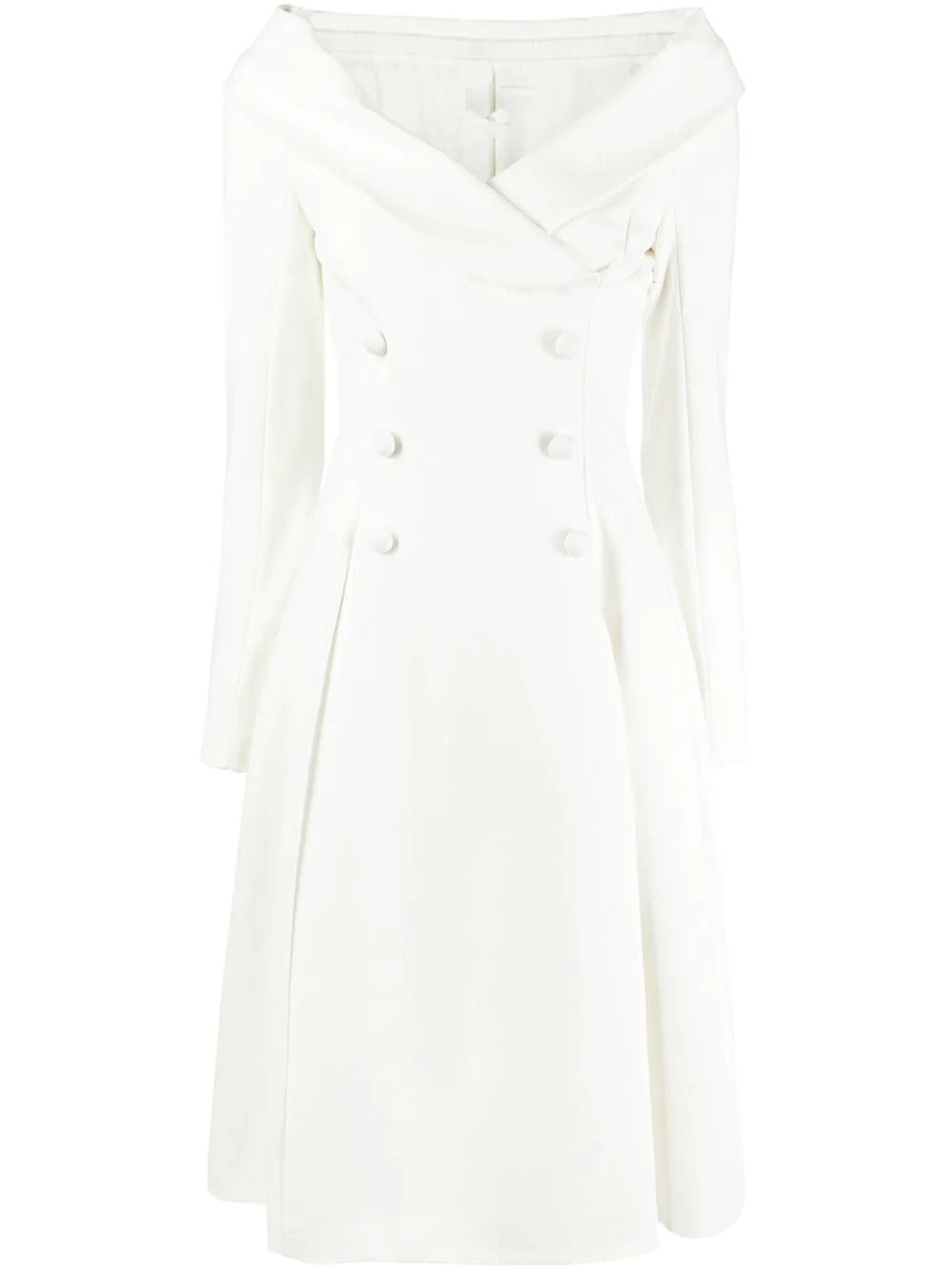 Damen Maxikleid im Mantel‑Look mit Carmenkragen und Doppelreihe Drune
