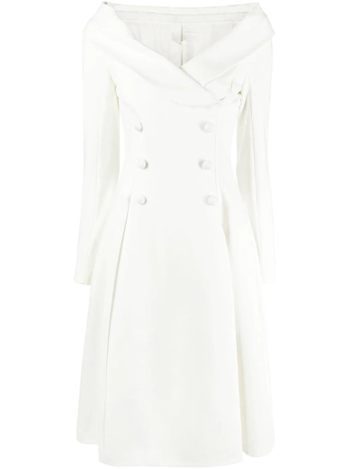 Damen Maxikleid im Mantel‑Look mit Carmenkragen und Doppelreihe Drune