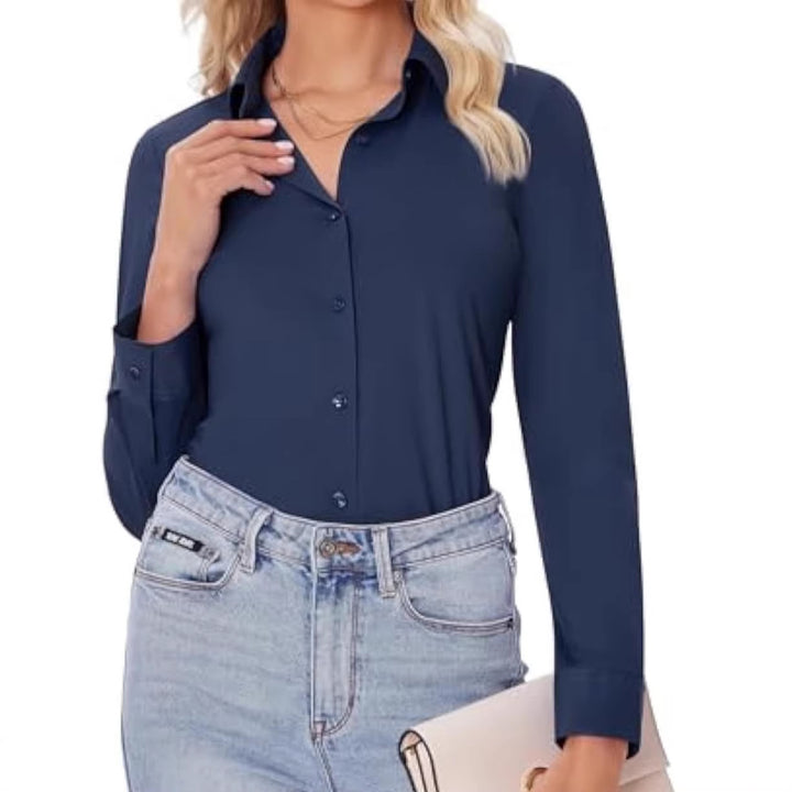 Damen Klassische Viskose-Stretch Hemdbluse mit Kentkragen und Manschetten Drune