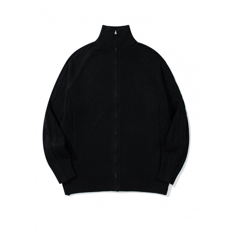 Unisex Boxy-Zip-Strickjacke mit Stehkragen, Zopfmusterärmeln und gerippten Abschlüssen Drune