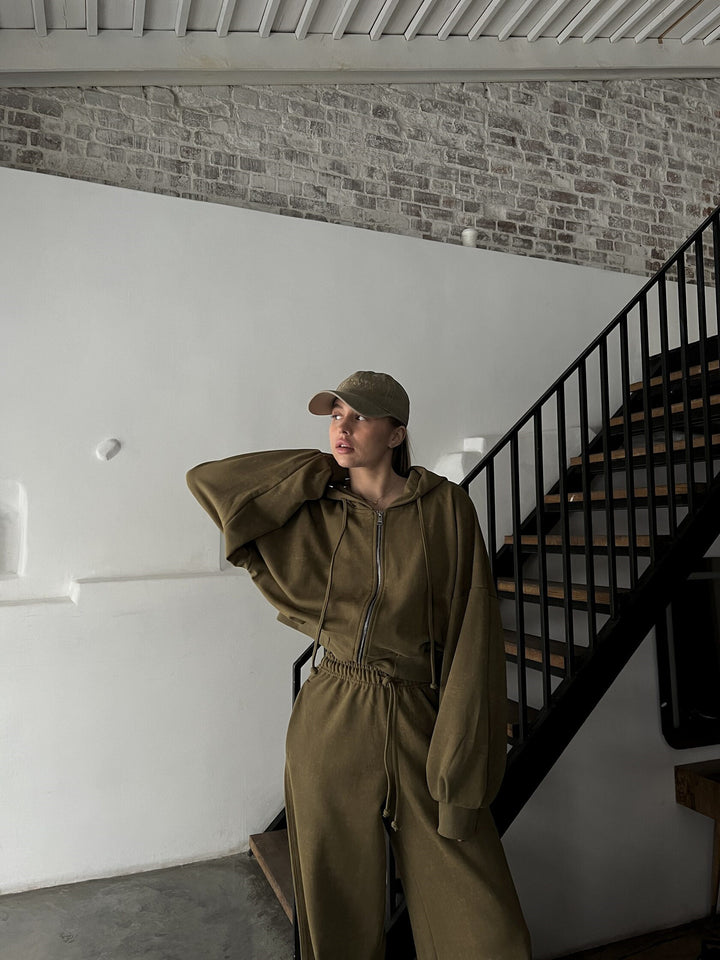 Damen kurzes Kapuzenzipper-Lounge-Set mit oversized Ärmeln und weitem Jogginghose-Schnitt Drune