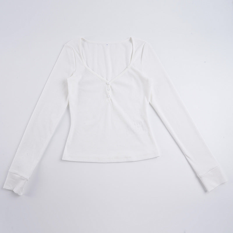 Damen nan figurbetontes geripptes Langarm-Henley-Top mit tiefem V-Ausschnitt und Knopfleiste Drune