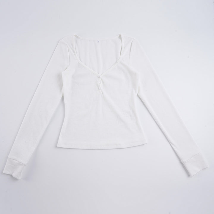 Damen nan figurbetontes geripptes Langarm-Henley-Top mit tiefem V-Ausschnitt und Knopfleiste Drune