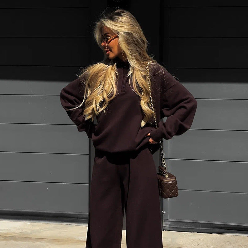 Damen Loungewear-Kombination mit lockerem Poloshirt und weitem Hosen Drune