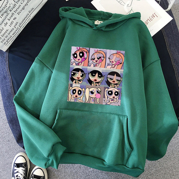 Damen nan lässiger Kapuzenpullover mit quadratischem Cartoon-Collageprint weiches Fleece Innenfutter und aufgesetzter Kängurutasche Drune