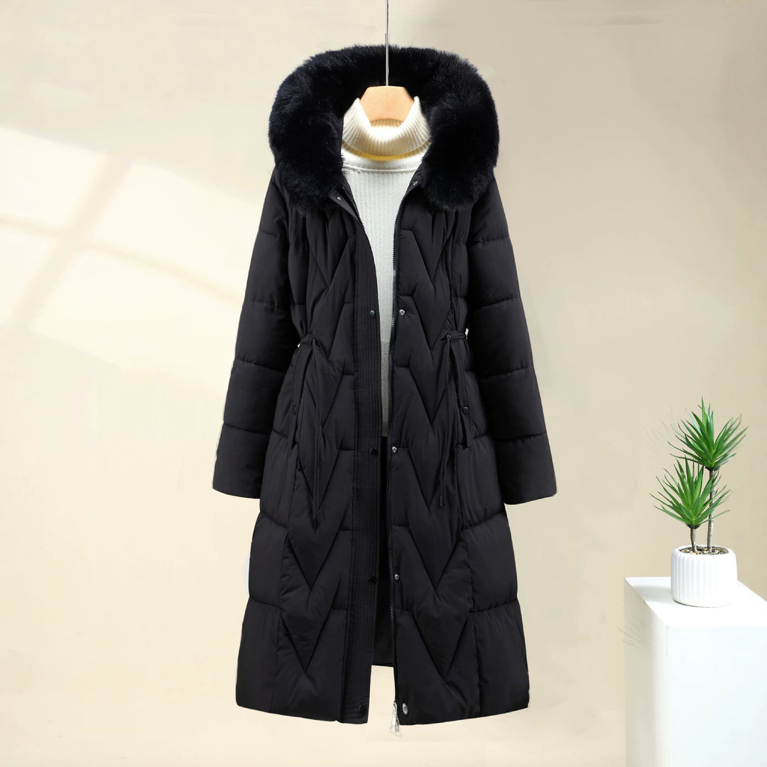 Damen nan langer gesteppter Parka mit voluminöser Kunstfellkapuze und taillierendem Kordelzug Drune