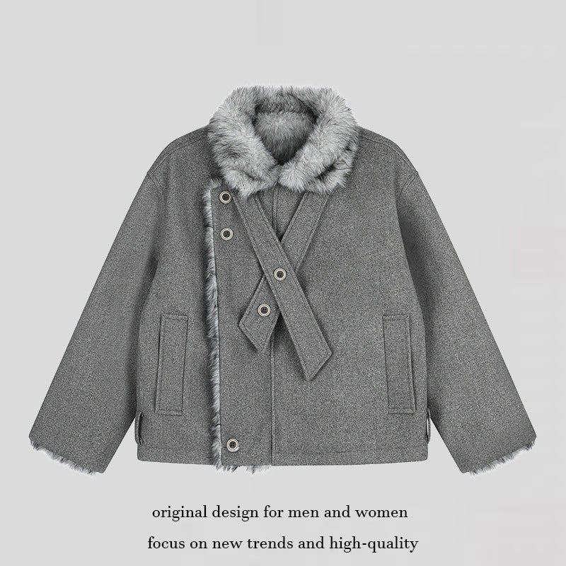 Damen Kurz geschnittene Wolljacke mit Kunstfellbesatz und asymmetrischer Knopfleiste Drune