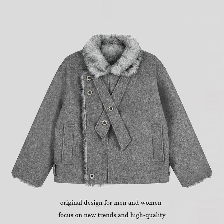 Damen Kurz geschnittene Wolljacke mit Kunstfellbesatz und asymmetrischer Knopfleiste Drune