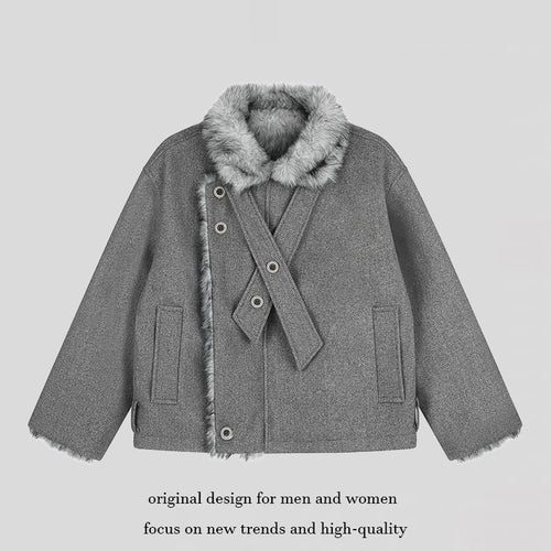 Damen Kurz geschnittene Wolljacke mit Kunstfellbesatz und asymmetrischer Knopfleiste Drune